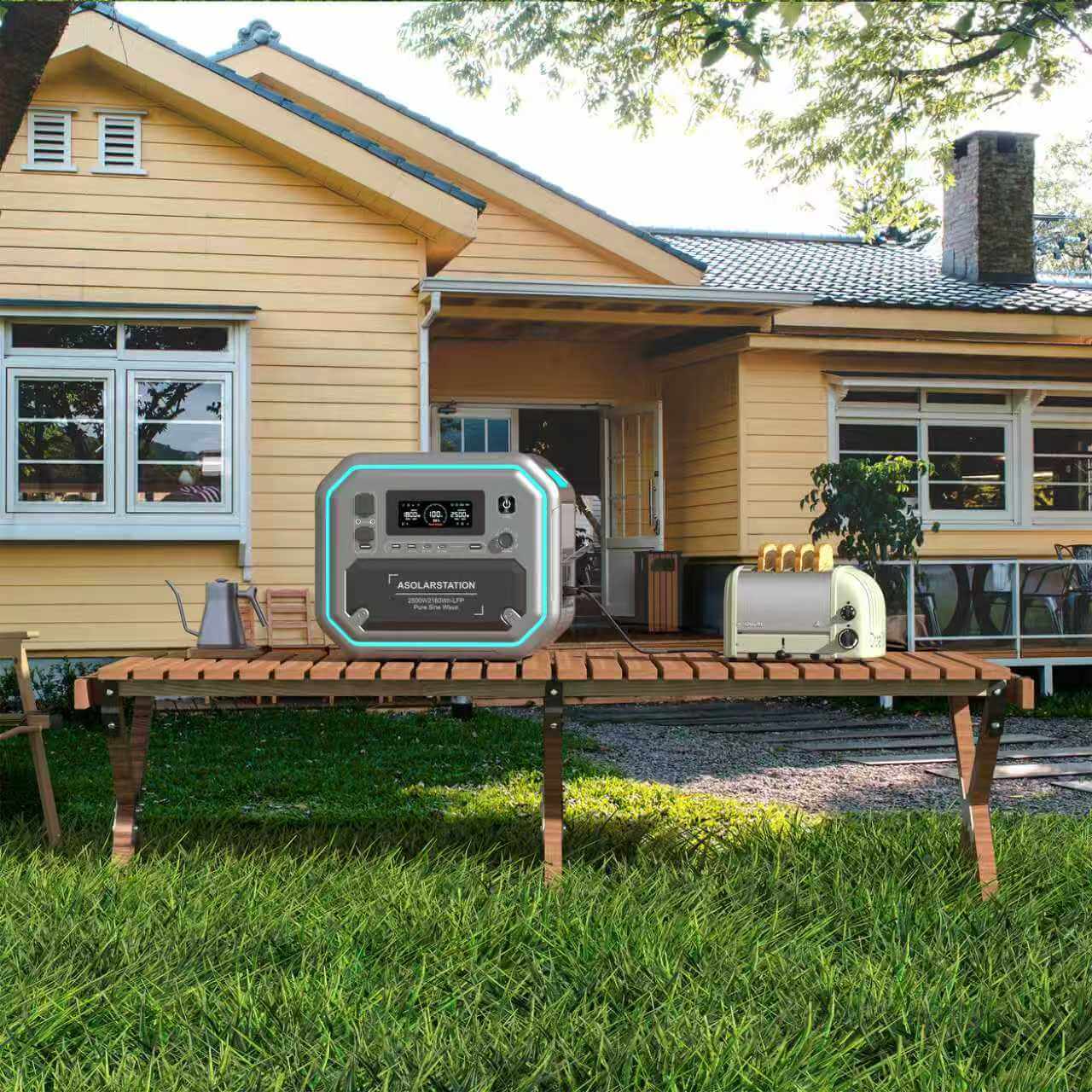 Portable power station AS2500 Pro placed on an outdoor wooden table in front of a yellow house with green lawn