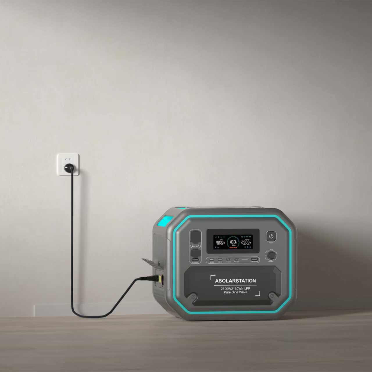AS2500 Pro portable power station plugged into a wall outlet and charging on a wooden floor