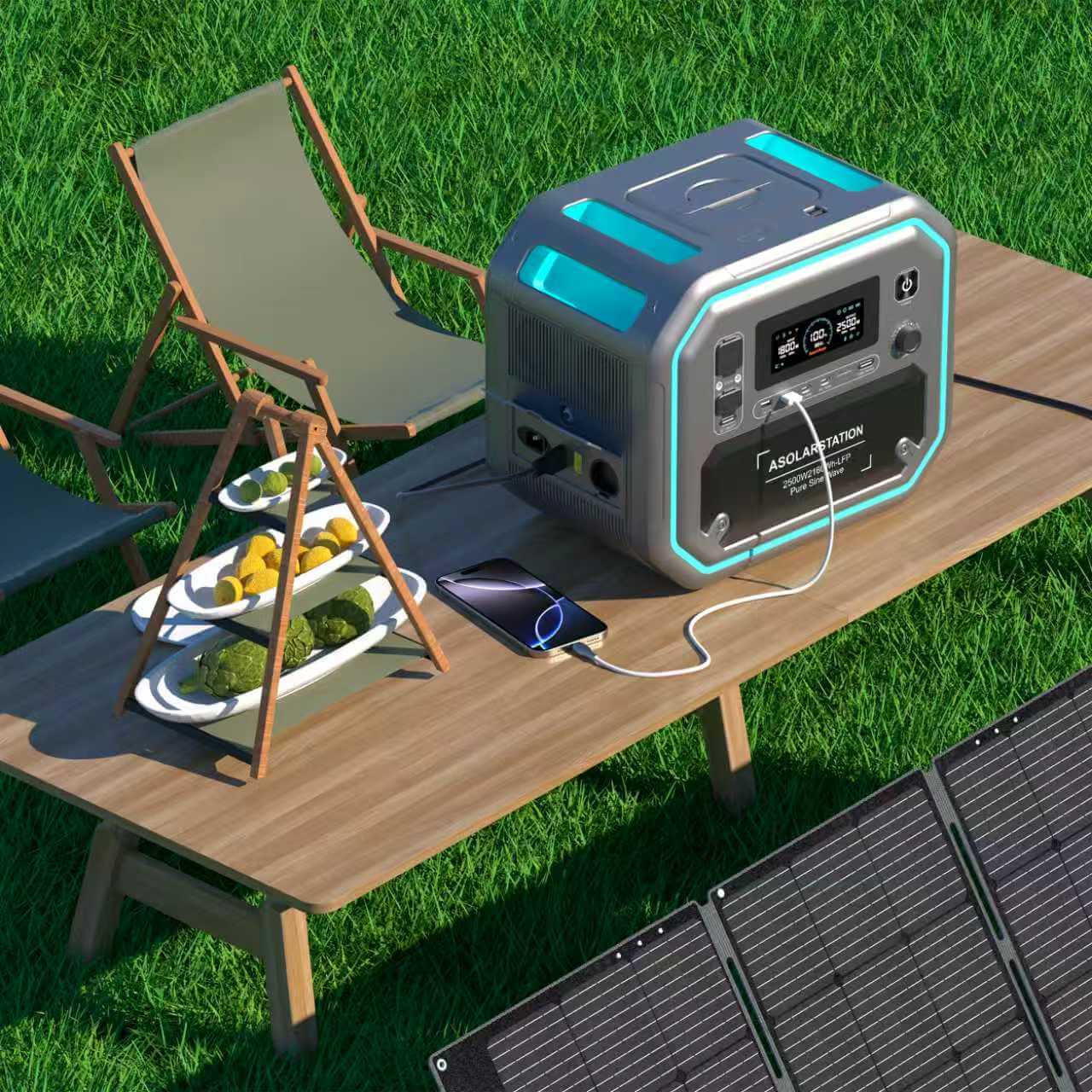 AS2500 Pro portable power station charging devices on an outdoor table with a solar panel on the grass.