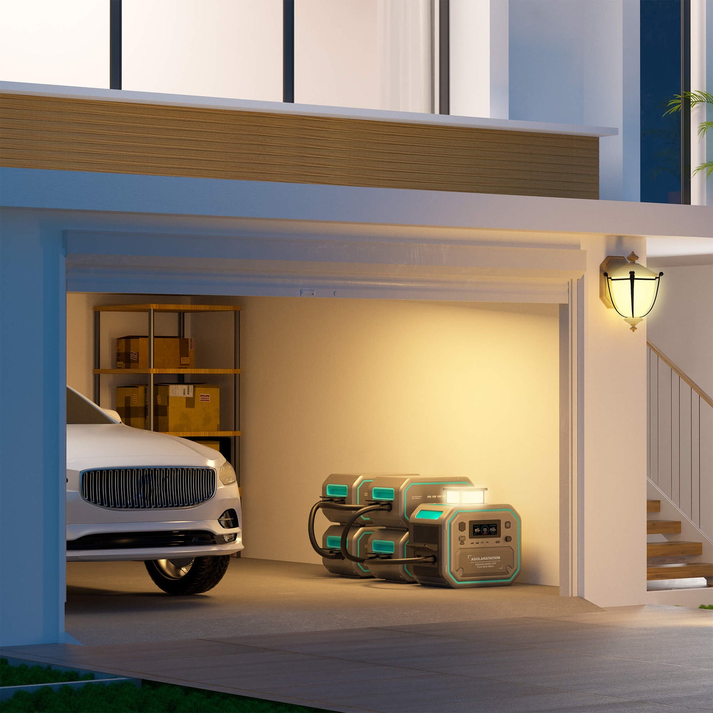 Portable solar power station AS2500 Pro stored in a modern home garage next to a parked car under warm lighting