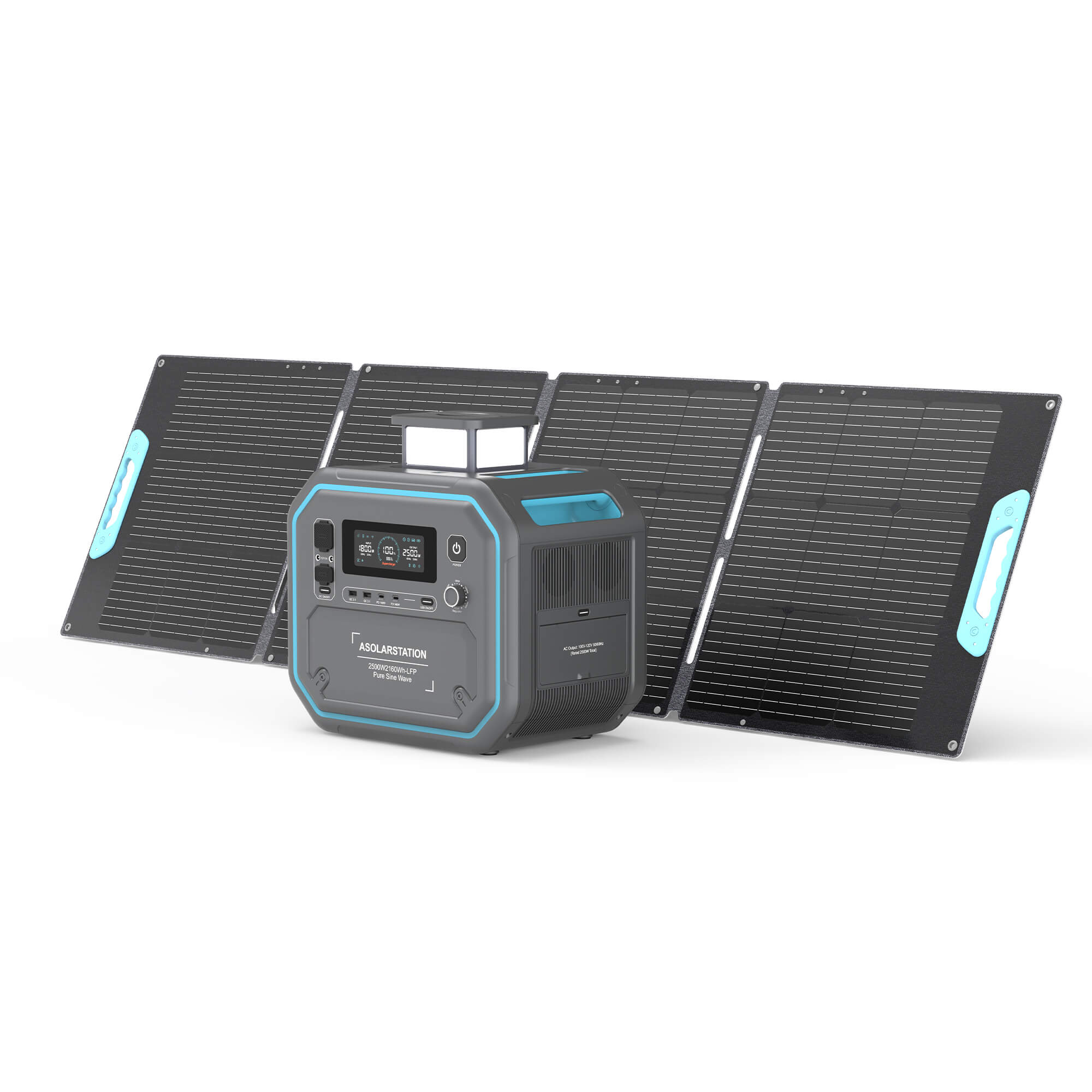 AS2500 Pro portable power station connected with foldable solar panels on a white background