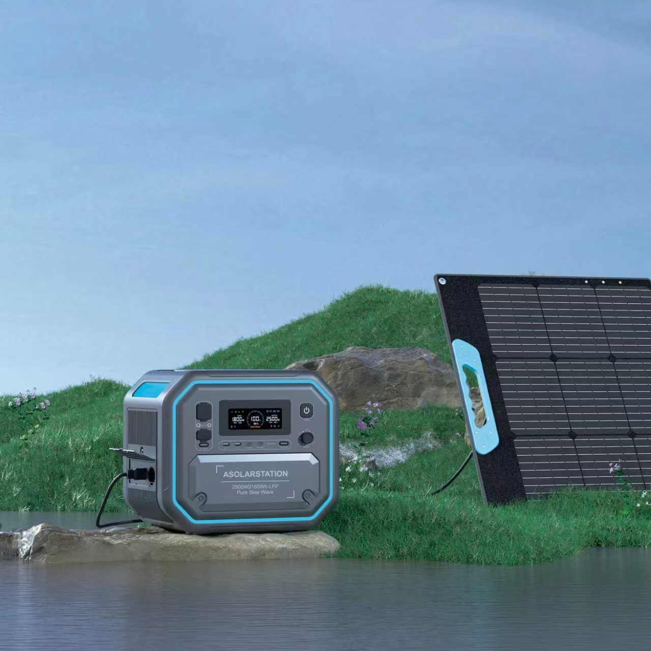 AS2500 Pro portable power station with a foldable solar panel placed on green grass in a natural outdoor setting.
