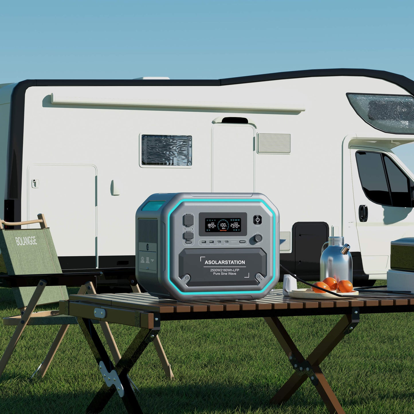 Portable power station AS2500 Pro placed on an outdoor table in front of a camper van during camping