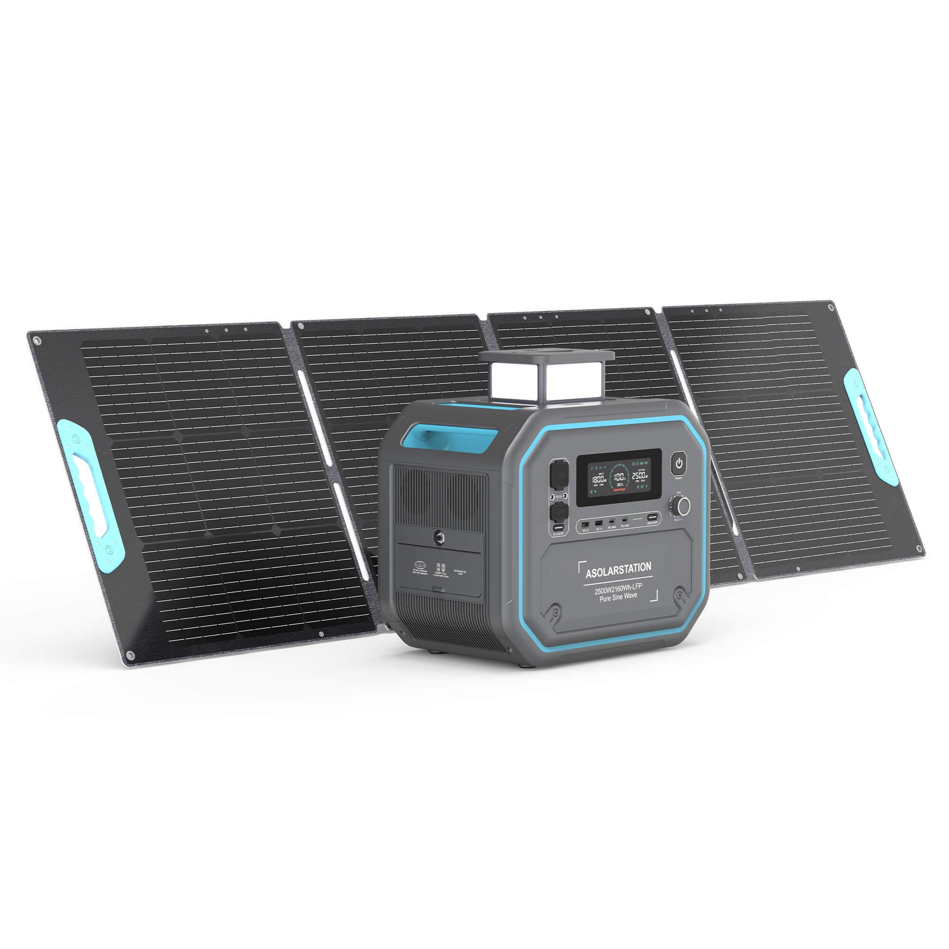 AS2500 Pro portable power station with four foldable solar panels shown at a front angle on a white background